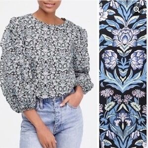 J Crew Liberty Fabrics Sambourne Floral Puff Sleeve Top Blue Cotton Blouse Med